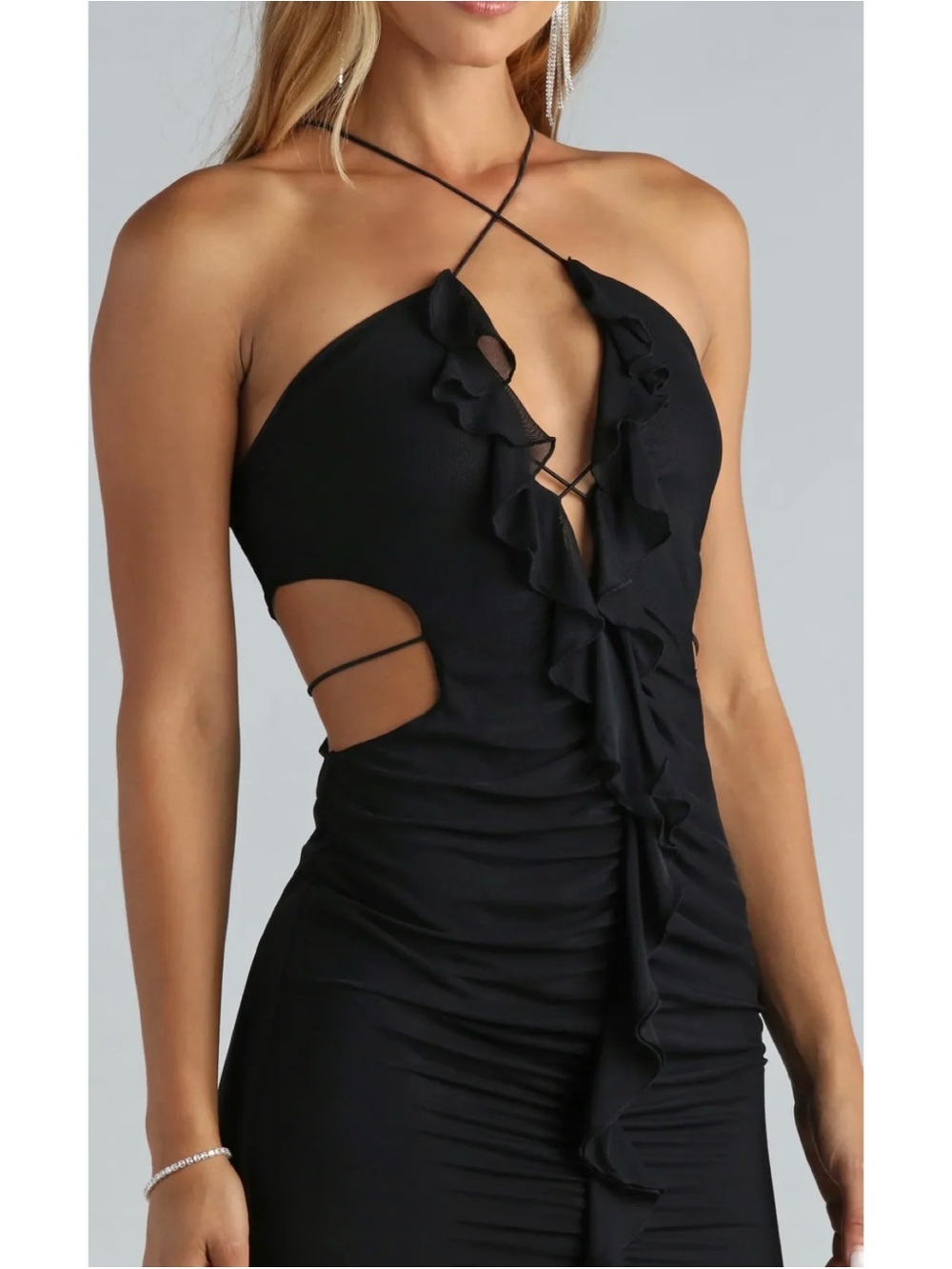 Windsor Nights Out Mesh Ruffle Cutout Bodycon Mini Dress LBD - Picture 3 of 15